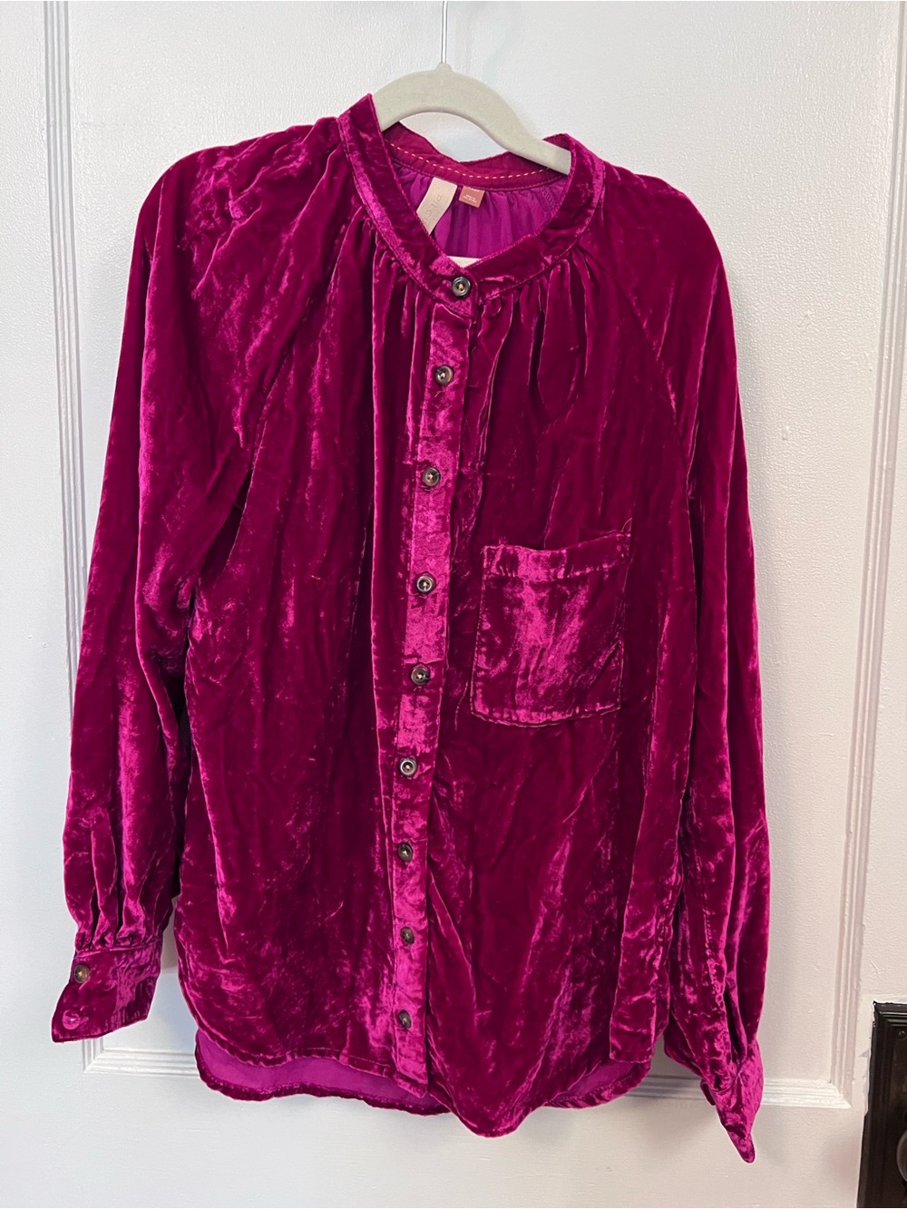 Pilcro Anthropologie Magenta Velvet Blouse with Gathered Neckline